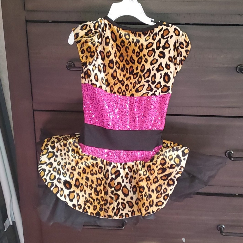 Pink and Brown Dance Costume with Sequin Bodice and Animal Print - Picture 2 of 4